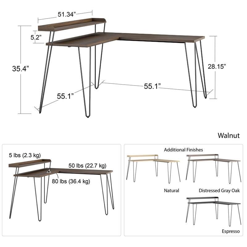 Pemberly Row Modern Wood/Metal L Desk with Riser in Light Brown