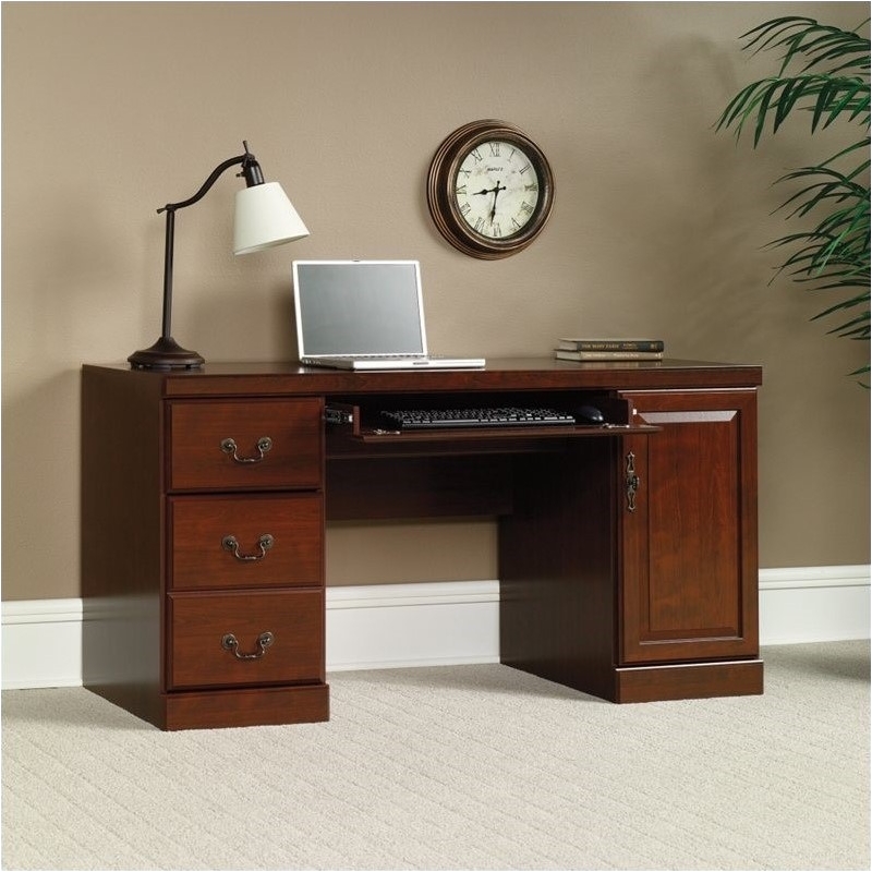 Pemberly Row Traditional Wood Computer Credenza in Classic Cherry
