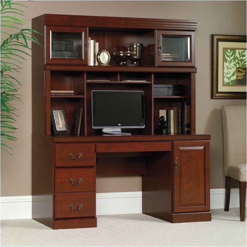 Pemberly Row Traditional Wood Computer Credenza in Classic Cherry