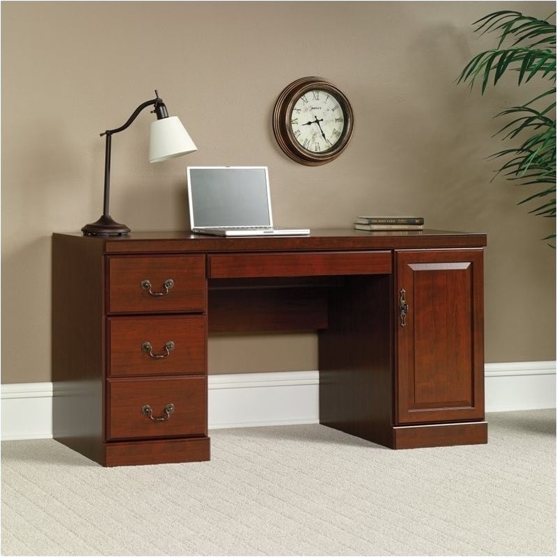 Pemberly Row Traditional Wood Computer Credenza in Classic Cherry