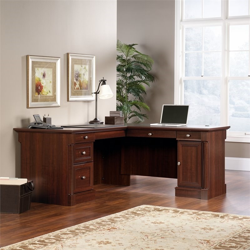Pemberly Row L-Shaped Contemporary Engineered Wood Desk in Select Cherry