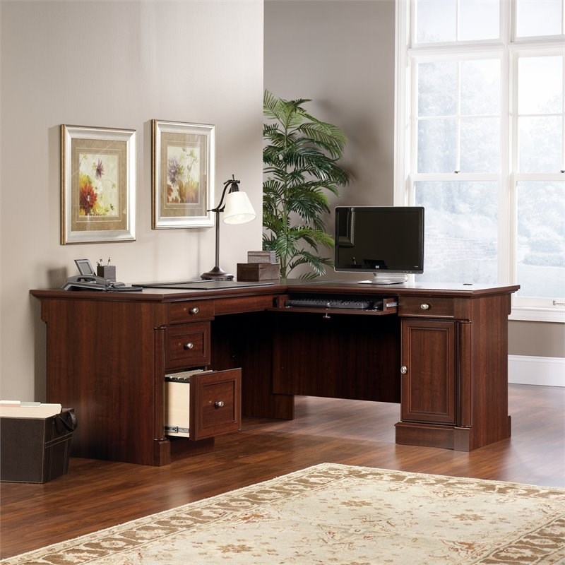 Pemberly Row L-Shaped Contemporary Engineered Wood Desk in Select Cherry