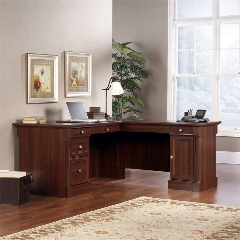 Pemberly Row L-Shaped Contemporary Engineered Wood Desk in Select Cherry