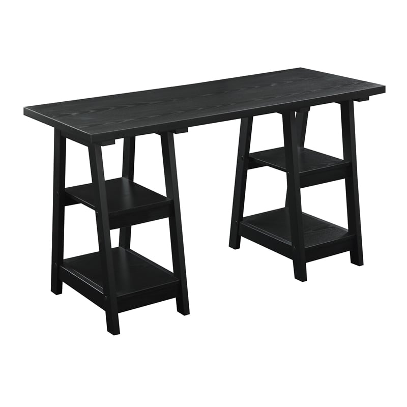 Pemberly Row Double Trestle Desk in Black Wood Finish
