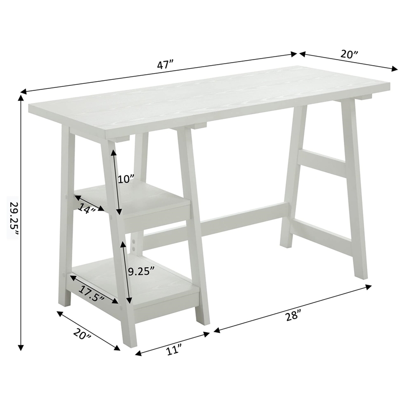 Pemberly Row Trestle Desk with Shelves in White Wood Finish