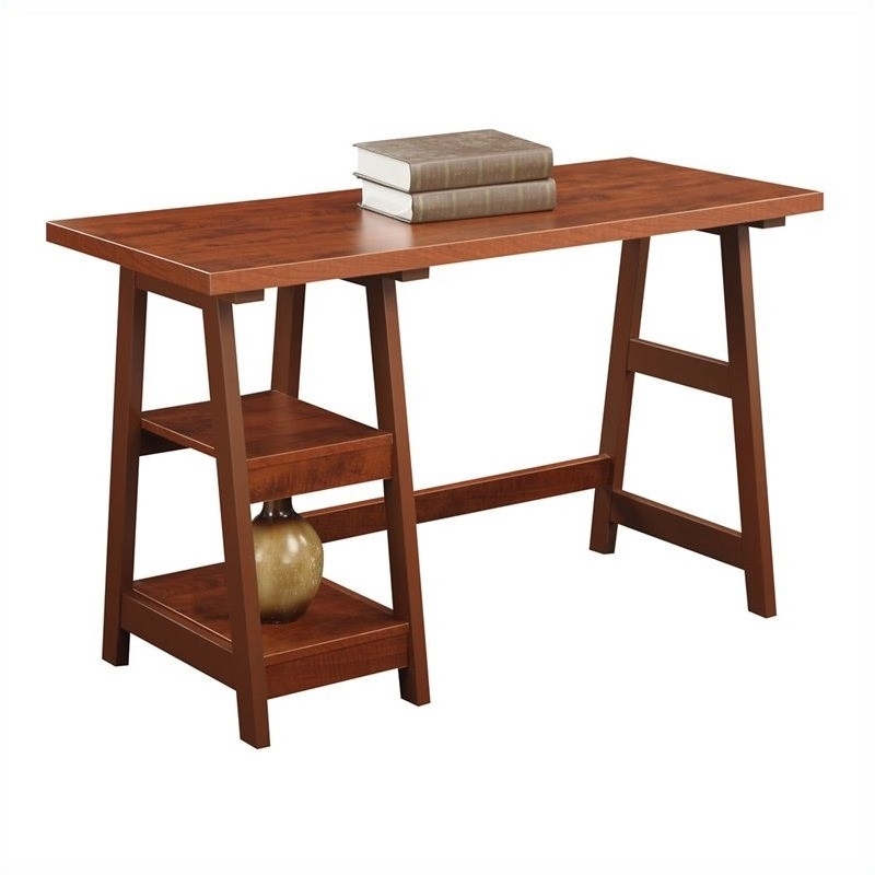 Pemberly Row Contemporary Wood Trestle Desk with Shelves in Cherry
