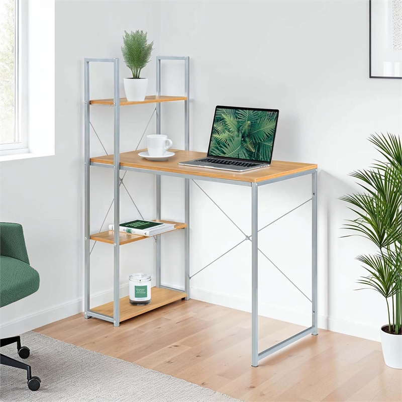Pemberly Row Office Work Station with Shelves in Off White Light Oak