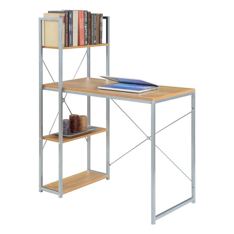 Pemberly Row Office Work Station with Shelves in Off White Light Oak