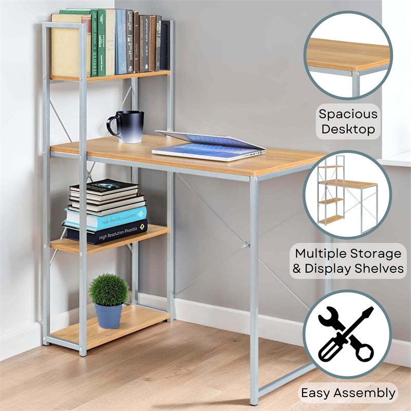 Pemberly Row Office Work Station with Shelves in Off White Light Oak