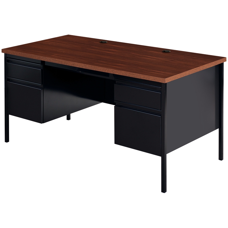 Pemberly Row Double Pedestal Metal Office Desk with Center Drawer Black/Walnut