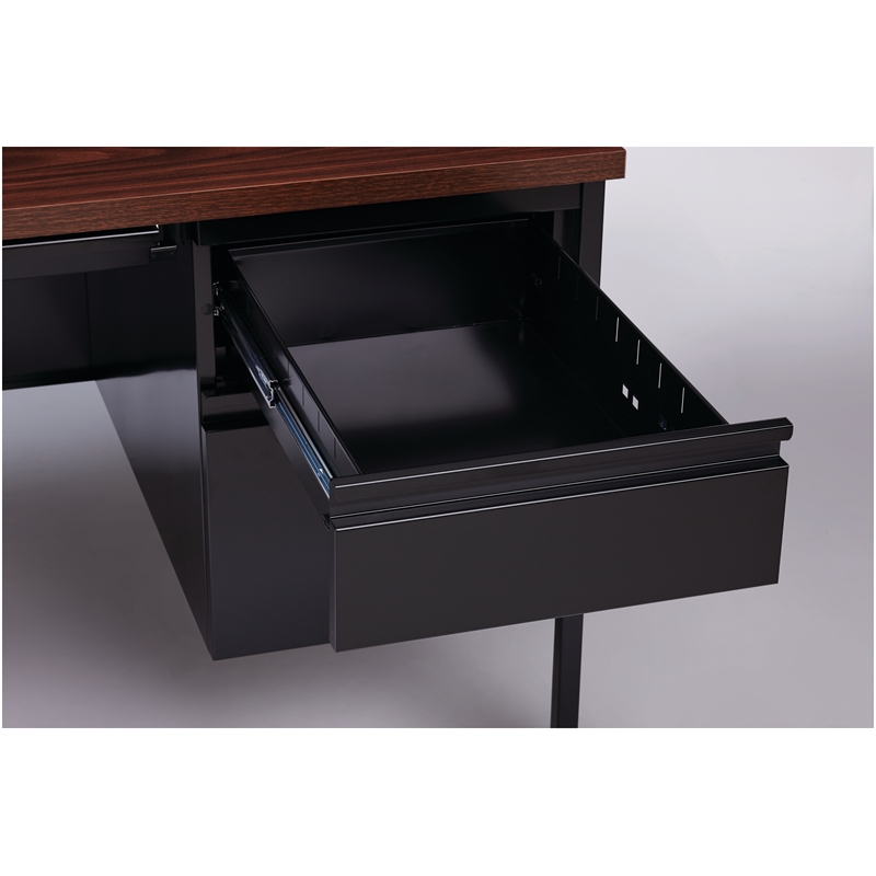 Pemberly Row Double Pedestal Metal Office Desk with Center Drawer Black/Walnut