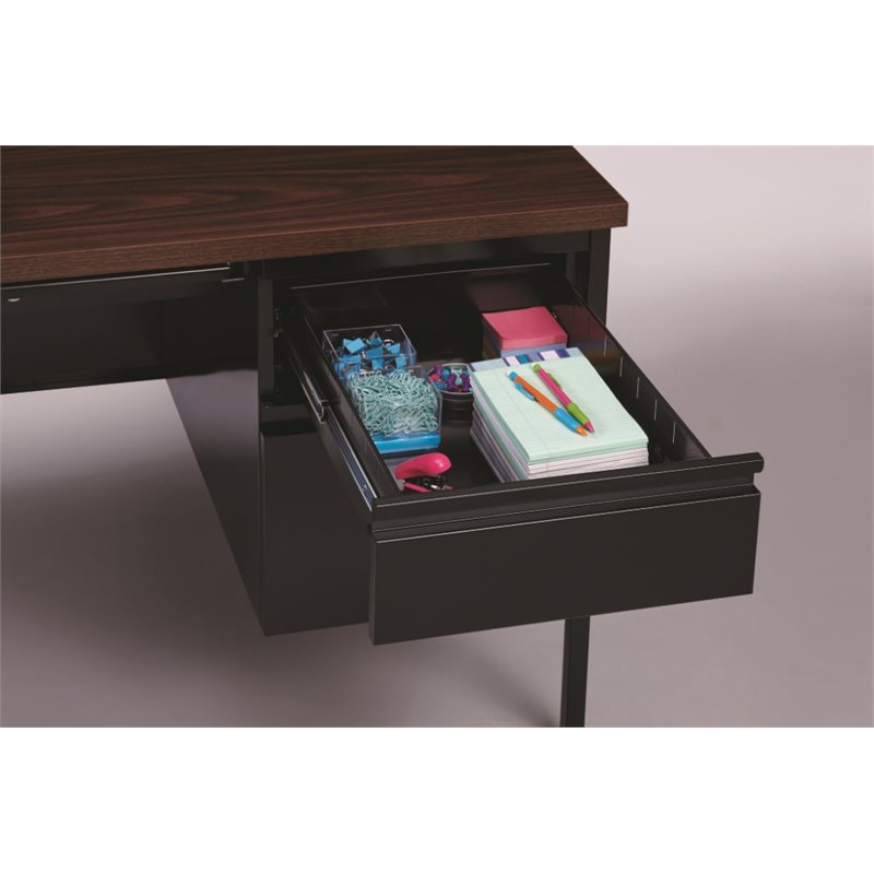 Pemberly Row Double Pedestal Metal Office Desk with Center Drawer Black/Walnut