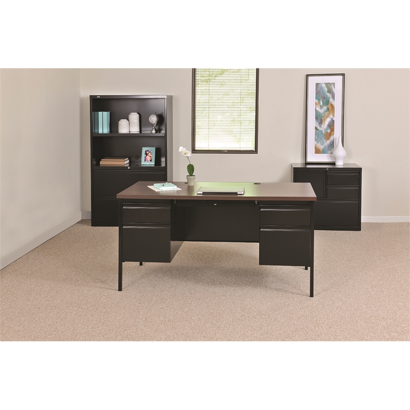 Pemberly Row Double Pedestal Metal Office Desk with Center Drawer Black/Walnut