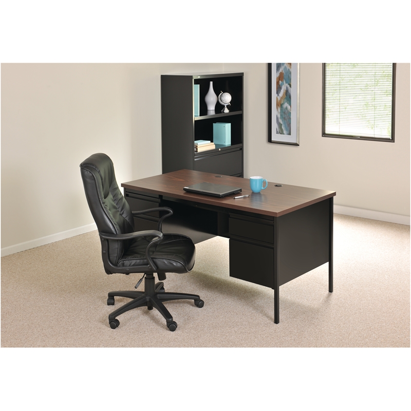 Pemberly Row Double Pedestal Metal Office Desk with Center Drawer Black/Walnut
