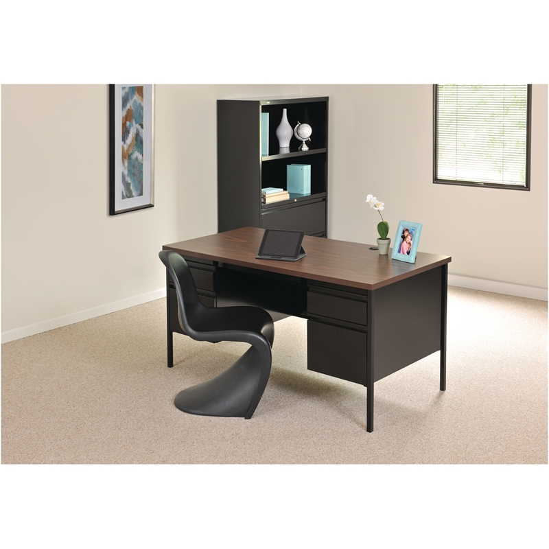 Pemberly Row Double Pedestal Metal Office Desk with Center Drawer Black/Walnut