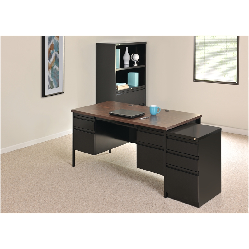 Pemberly Row Double Pedestal Metal Office Desk with Center Drawer Black/Walnut
