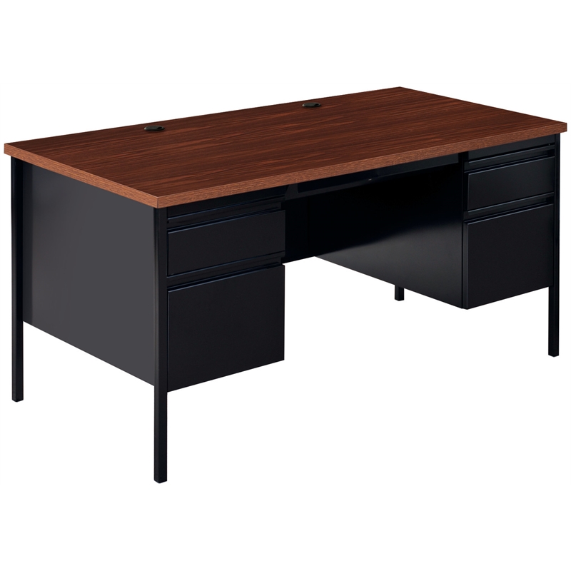 Pemberly Row Double Pedestal Metal Office Desk with Center Drawer Black/Walnut