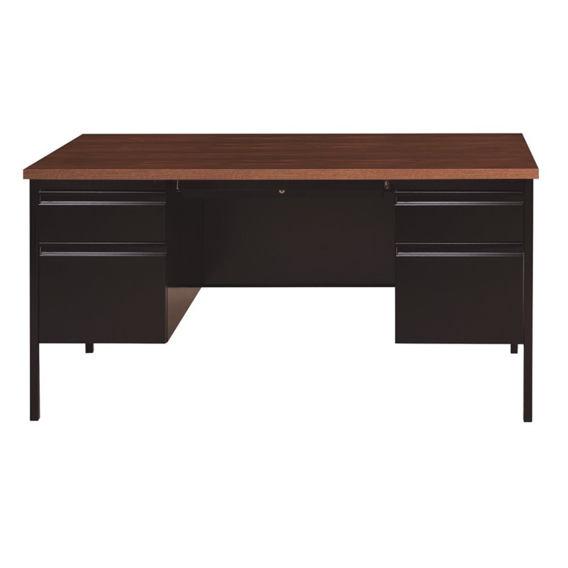 Pemberly Row Double Pedestal Metal Office Desk with Center Drawer Black/Walnut