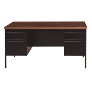 Pemberly Row Double Pedestal Metal Office Desk with Center Drawer Black/Walnut