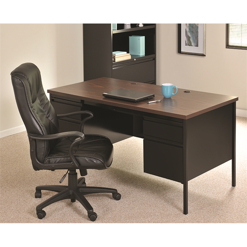 Pemberly Row Double Pedestal Metal Desk Charcoal/Mahogany