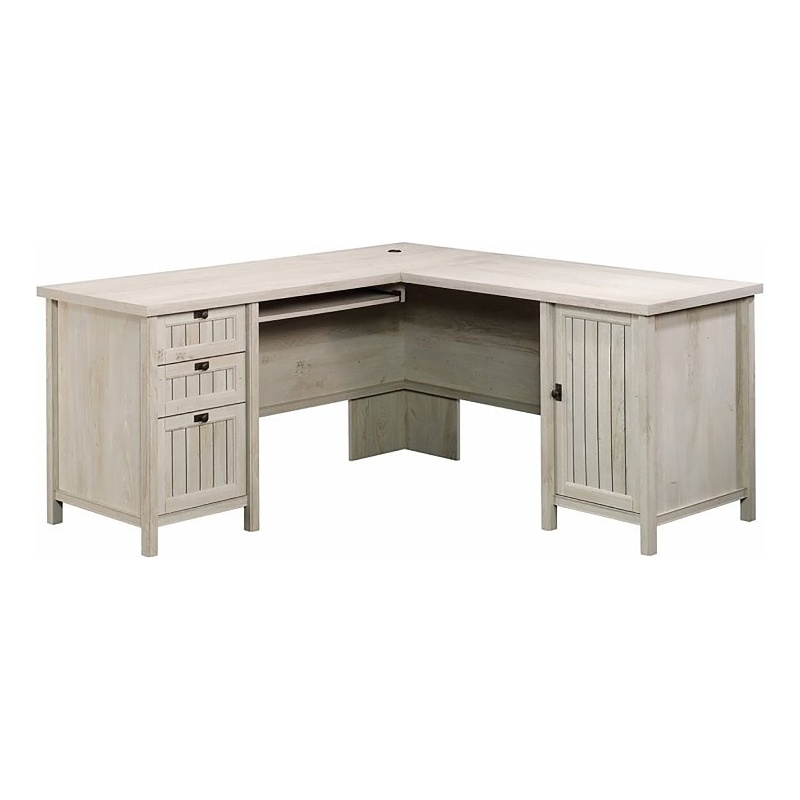 Pemberly Row Coastal Wood L Shaped Computer Desk in Chalked Chestnut