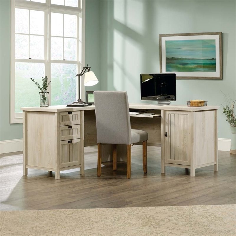 Pemberly Row Coastal Wood L Shaped Computer Desk in Chalked Chestnut