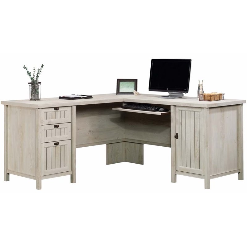 Pemberly Row Coastal Wood L Shaped Computer Desk in Chalked Chestnut