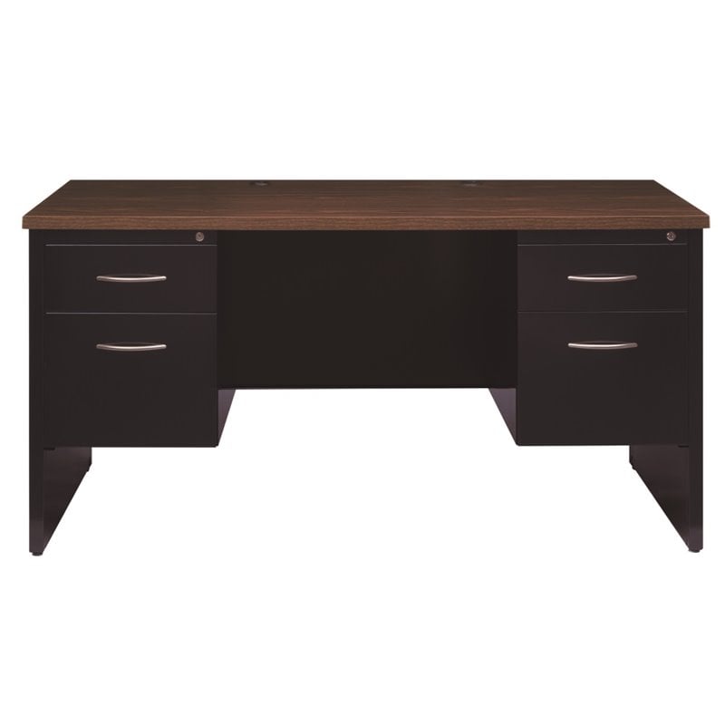 Pemberly Row Double Pedestal Metal Desk Arch Pull Handles Black/Walnut