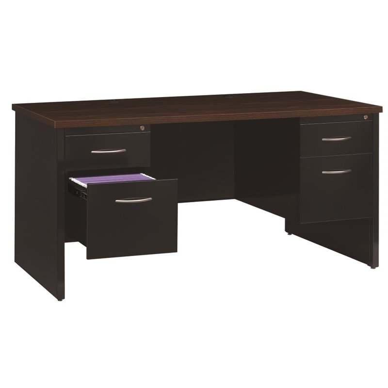 Pemberly Row Double Pedestal Metal Desk Arch Pull Handles Black/Walnut