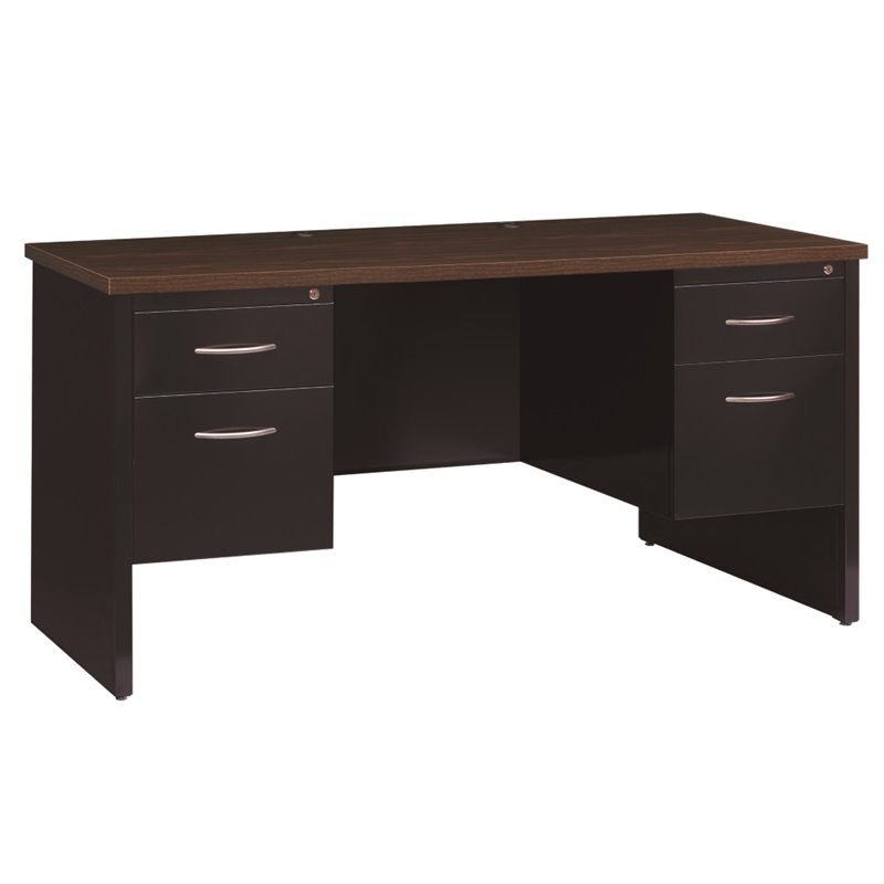 Pemberly Row Double Pedestal Metal Desk Arch Pull Handles Black/Walnut