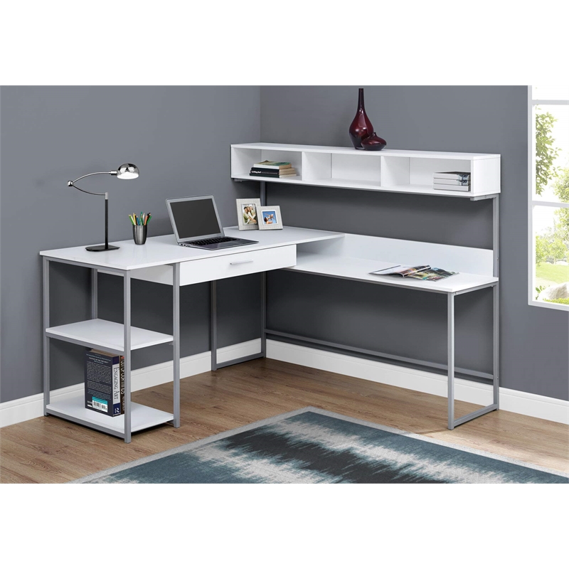 Pemberly Row L Shaped Computer Desk in White and Silver