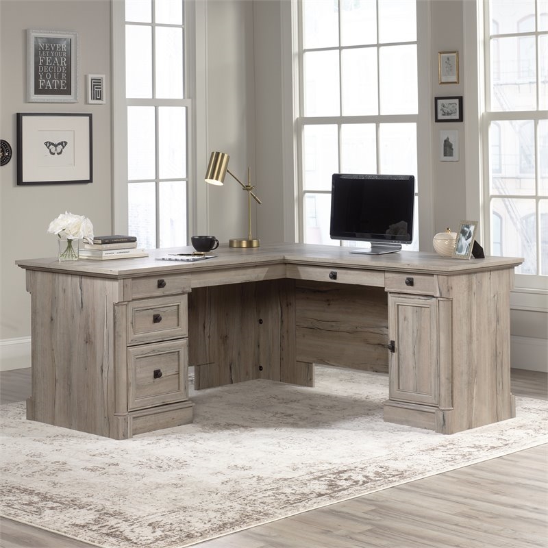 Pemberly Row L-shaped Contemporary Engineered Wood Computer Desk in Split Oak