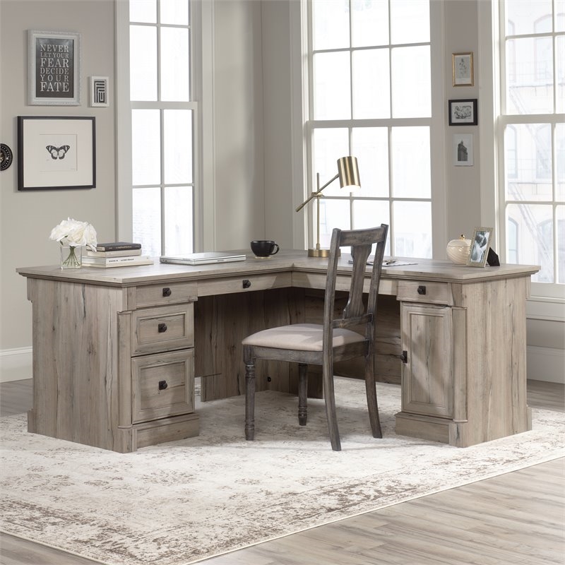 Pemberly Row L-shaped Contemporary Engineered Wood Computer Desk in Split Oak