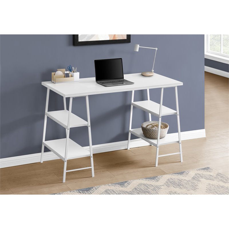 Pemberly Row 3 Tier Wood Top Sawhorse Computer Desk in White