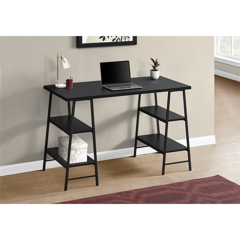 Pemberly Row 3 Tier Wood Top Sawhorse Computer Desk in Black