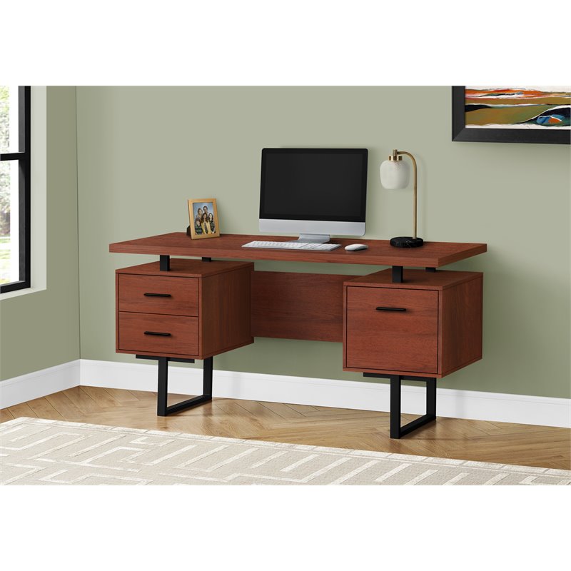 Pemberly Row Revesible Wooden Floating Desktop Computer Desk in Cherry and Black