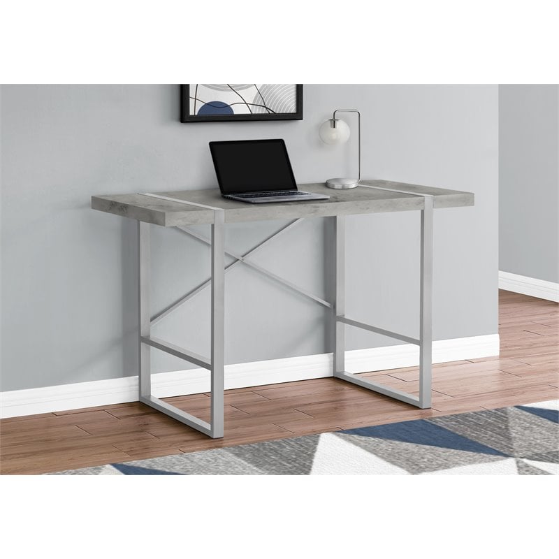 Pemberly Row Thick Faux Stone Top X Base Computer Desk in Gray and Silver
