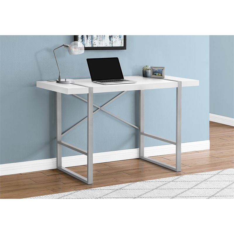 Pemberly Row Thick Wood Top X Base Computer Desk in White and Silver