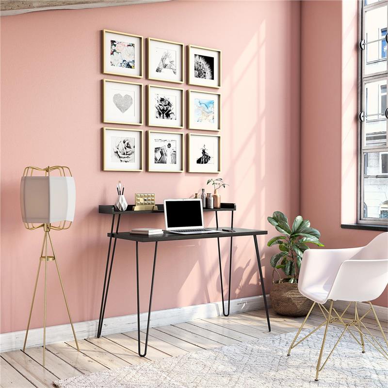 Pemberly Row Retro Computer Desk with Riser in Black Oak