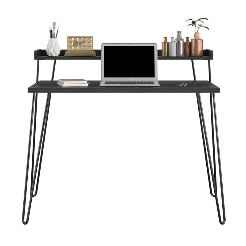 Pemberly Row Retro Computer Desk with Riser in Black Oak