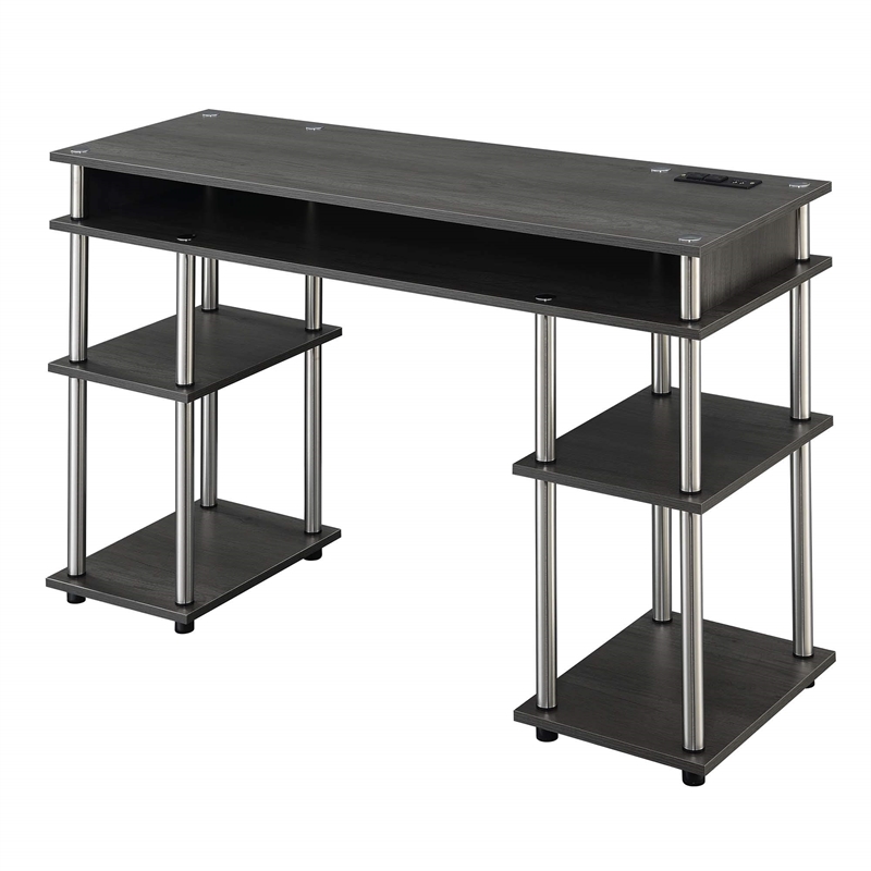 Pemberly Row Student Desk with Charging Station in Gray Wood Finish