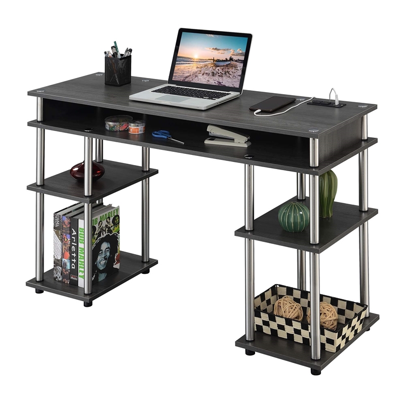 Pemberly Row Student Desk with Charging Station in Gray Wood Finish