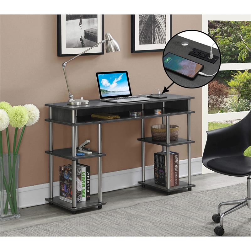Pemberly Row Student Desk with Charging Station in Gray Wood Finish