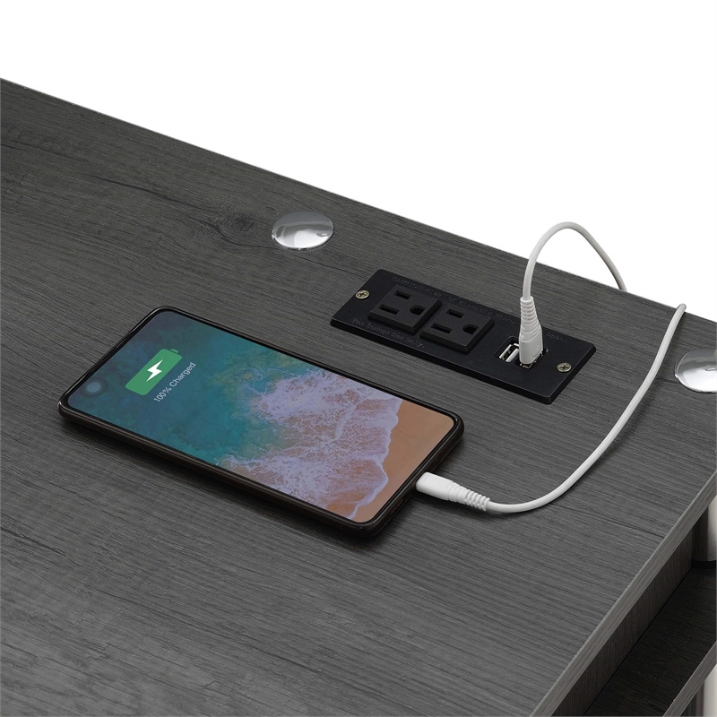 Pemberly Row Student Desk with Charging Station in Gray Wood Finish
