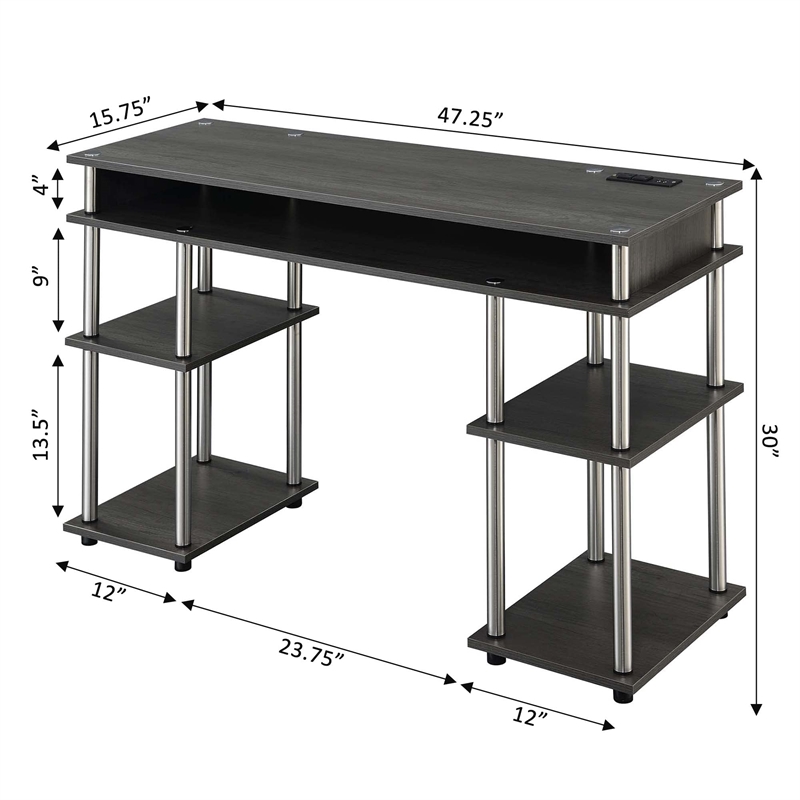 Pemberly Row Student Desk with Charging Station in Gray Wood Finish