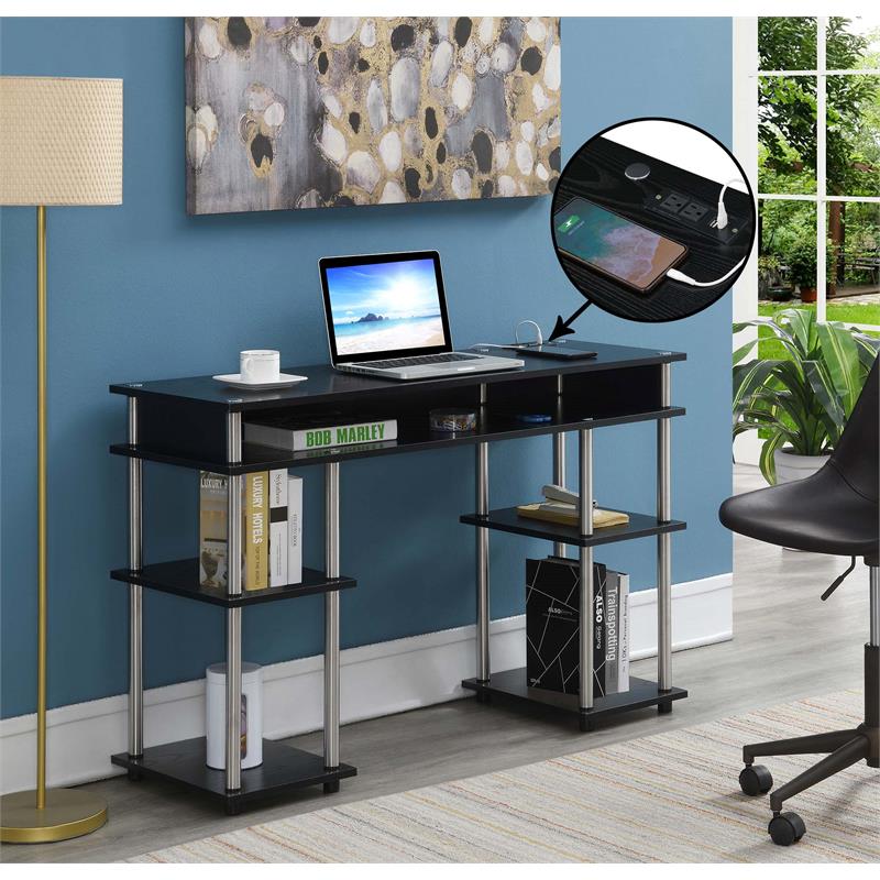Pemberly Row Student Desk with Charging Station in Black Wood Finish