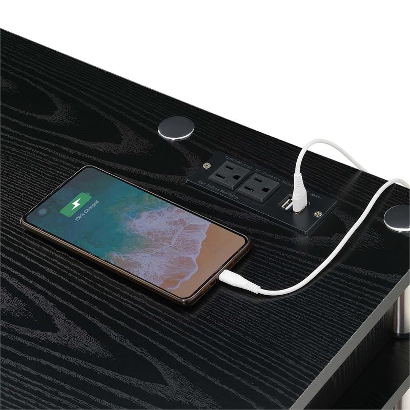 Pemberly Row Student Desk with Charging Station in Black Wood Finish