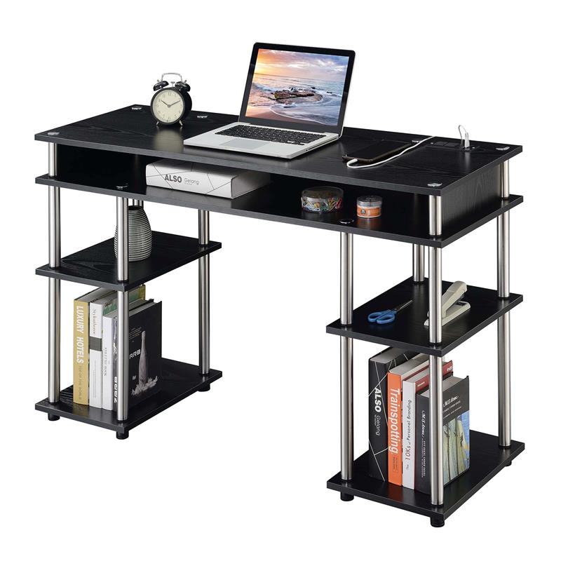 Pemberly Row Student Desk with Charging Station in Black Wood Finish