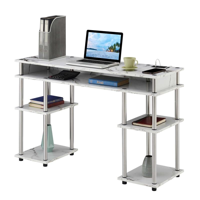 Pemberly Row Student Desk with Charging Station White Faux Marble Wood