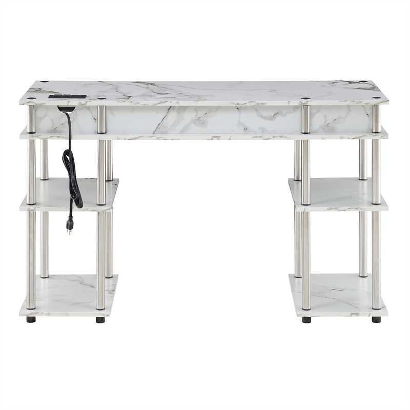 Pemberly Row Student Desk with Charging Station White Faux Marble Wood